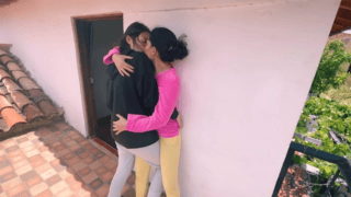 Naughty Lesbian Friends Sneak to Terrace for Hot Fingering Session