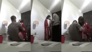 Horny Govt Employees Risky Office Bathroom Quickie – Red Suit Girl Rides & Gets Floor Missionary