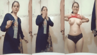 Shy Desi Woman Rushes to the Bathroom, Strips for Her Lover, and Still Giggles With the Bra Up